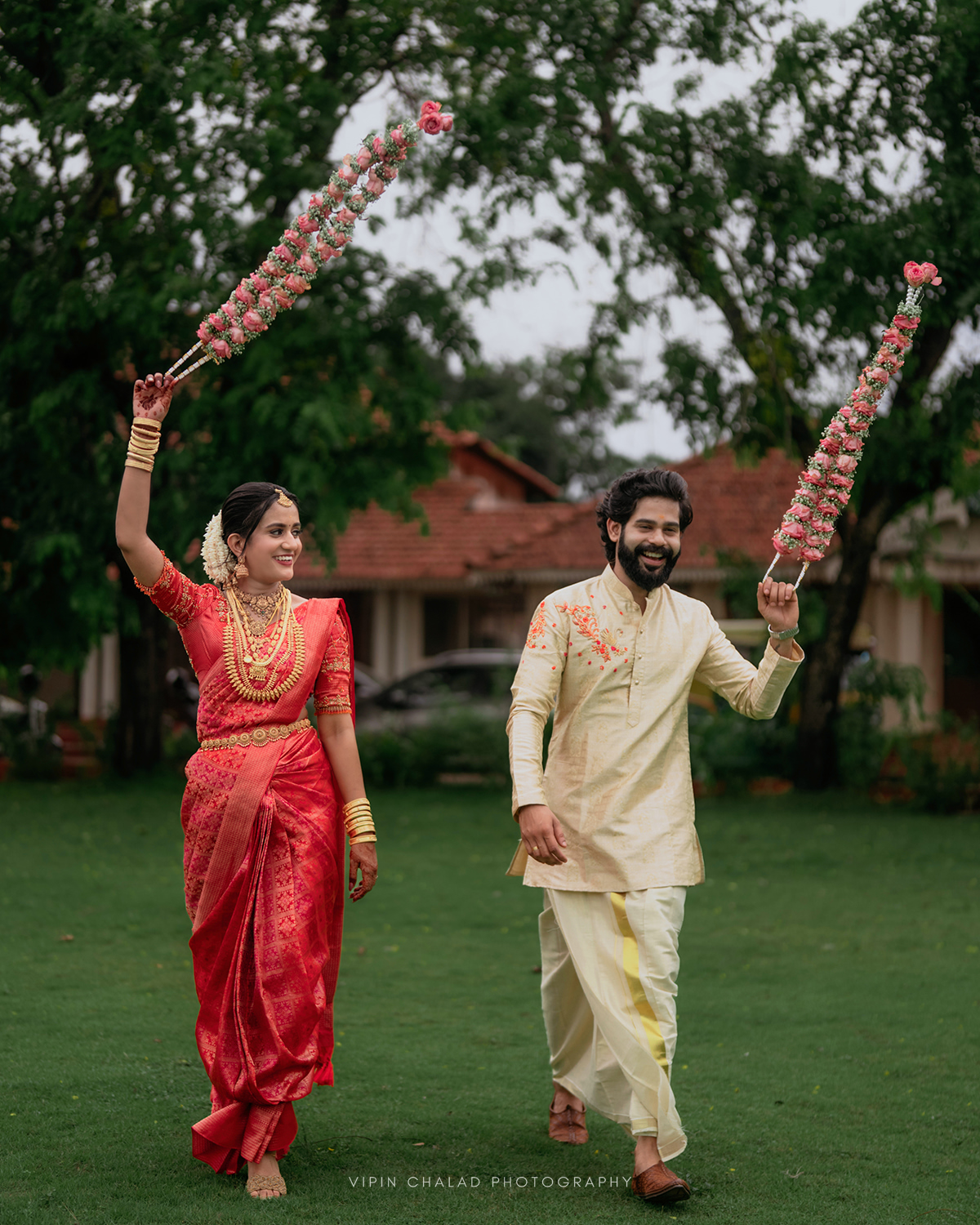 A couple sharing a joyful wedding moment
